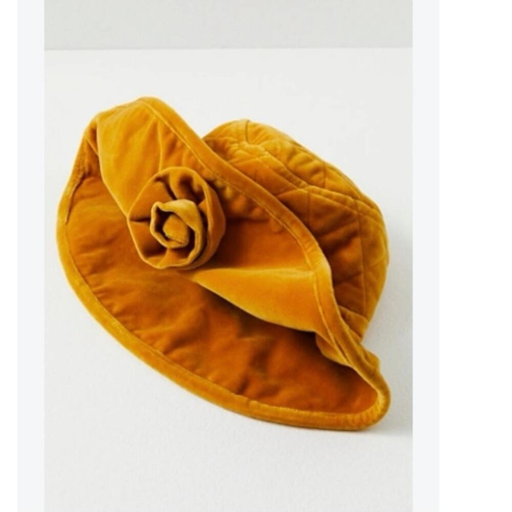 Free People Maria Quilted Velvet Rosette Bucket Hat Boho Mustard